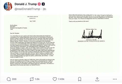 Tổng thống Donald Trump đăng nội dung bức thư gửi cho nhà lãnh đạo Tunisia lên mạng xã hội Truth Social. Ảnh: @REALDONALDTRUMP