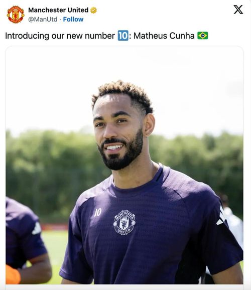  MU đối xử tàn bạo với Rashford khi MU chính thức đăng thông tin xác nhận Cunha mặc áo số 10. ẢNH CHỤP MÀN HÌNH MẠNG XÃ HỘI X CỦA MANCHESTER UNITED 