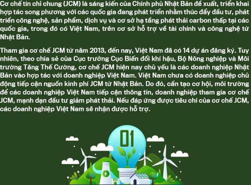 Thưa ông, Việt Nam hiện đang xây dựng và chuẩn bị vận hành phát triển thị trường carbon trong nước dự kiến thí điểm từ cuối năm 2025. Thời gian qua, Việt Nam đã có những chương trình dự án hợp tác song phương như Cơ chế tín chỉ chung (JCM) với Nhật Bản. Những cơ chế này sẽ hỗ trợ, tạo điều kiện gì cho Việt Nam trong giảm phát thải, phát triển bền vững, tiến tới mục tiêu Net Zero vào năm 2050?