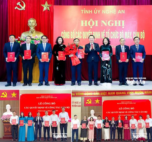 Bí thư Tỉnh ủy Nguyễn Đức Trung trao quyết định hợp nhất Ban Tuyên giáo Tỉnh ủy và Ban Dân vận Tỉnh ủy và tặng hoa chúc mừng các đồng chí Trưởng ban và Phó trưởng Ban Tuyên giáo và Dân vận Tỉnh ủy; Đồng chí Ngọc Kim Nam - Ủy viên Ban Thường vụ Tỉnh ủy, Trưởng ban Tuyên giáo và Dân vận Tỉnh ủy trao các quyết định bổ nhiệm Trưởng phòng và các quyết định bổ nhiệm Phó trưởng phòng. Ảnh: Phạm Bằng - Sỹ Thành