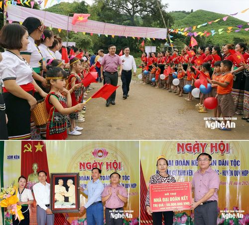 Đồng chí Ngọc Kim Nam - Ủy viên Ban Thường vụ Tỉnh ủy, Trưởng ban Tuyên giáo và Dân vận Tỉnh ủy vui Ngày hội Đại đoàn kết cùng bà con xóm Kèn, xã Châu Lộc, huyện Quỳ Hợp (cũ), nay là xã Châu Lộc (thành lập từ sáp nhập các xã Liên Hợp và Châu Lộc), tỉnh Nghệ An. Ảnh: Thanh Quỳnh