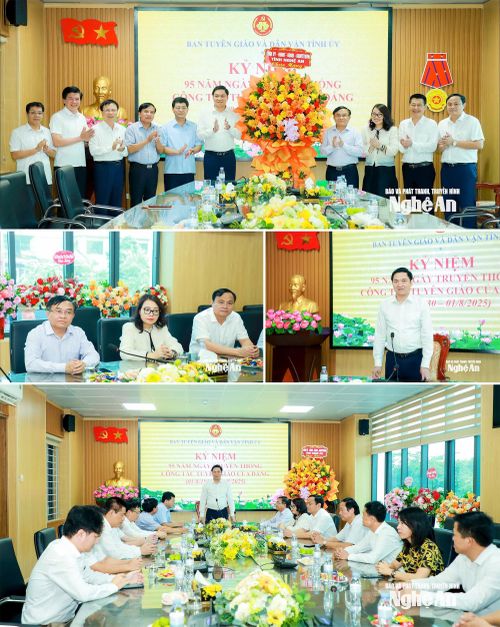 Đồng chí Hoàng Nghĩa Hiếu - Phó Bí thư Thường trực Tỉnh ủy, Chủ tịch HĐND tỉnh Nghệ An dẫn đầu đoàn công tác Tỉnh ủy, HĐND, UBND, Ủy ban MTTQ Việt Nam tỉnh Nghệ An đến chúc mừng Ban Tuyên giáo và Dân vận Tỉnh ủy nhân kỷ niệm 95 năm ngày truyền thống ngành Tuyên giáo của Đảng (1/8/1930 – 1/8/2025). Ảnh: Thành Duy