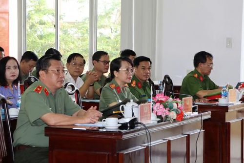 Các đồng chí trong Ban Giám đốc Công an tỉnh Đồng Tháp cùng các đại biểu dự lễ ra quân. 