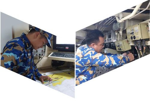 Luyện tập tác nghiệp vận động đội hình trên tàu 382 (ảnh trái). Trang thiết bị được kiểm tra kỹ càng, đảm bảo ở trạng thái tốt nhất cho thực hiện nhiệm vụ