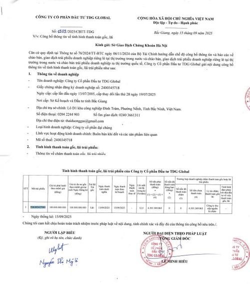 Công bố thông tin thanh toán gốc, lãi trái phiếu của TDG Global.