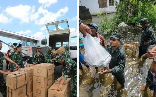 Các đội cứu hộ ở Indonesia (trái) và Sri Lanka nỗ lực tiếp cận, phân phối nhu yếu phẩm thiết yếu đến nạn nhân còn mắc kẹt. Ảnh: AFP