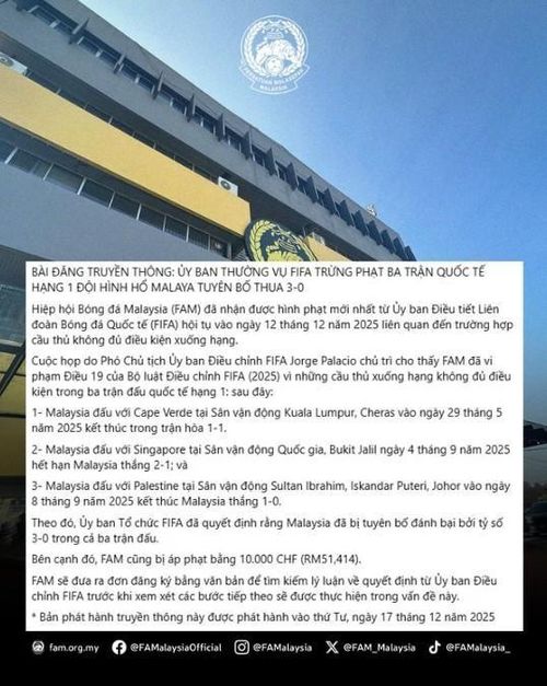 Trang Facebook của FAM ra thông báo về vụ bị FIFA xử thua mới nhất