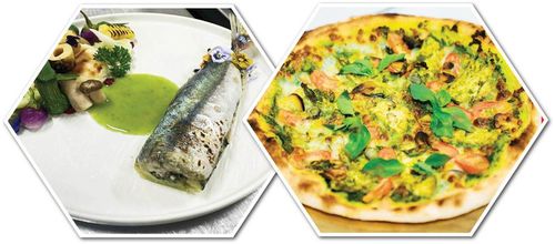  Món cá thu cuộn khoai mì sốt lá é của đầu bếp Nghĩa (trái) và Món pizza gà lá é. Ảnh: Ngọc Duy 