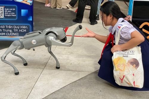 Các em học sinh thích thú trải nghiệm công nghệ AI và robot thông minh.