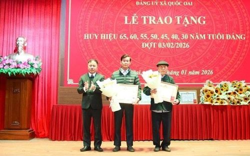 Chủ tịch UBND xã Quốc Oai Nguyễn Trung Thành trao Huy hiệu Đảng tặng các đảng viên. Ảnh: Bích Liên