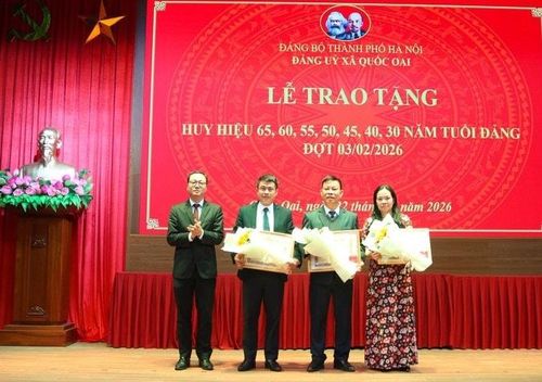 Chánh Văn phòng Đảng ủy xã Quốc Oai Nguyễn Hoài An trao Huy hiệu Đảng tặng các đảng viên. Ảnh: Bích Liên