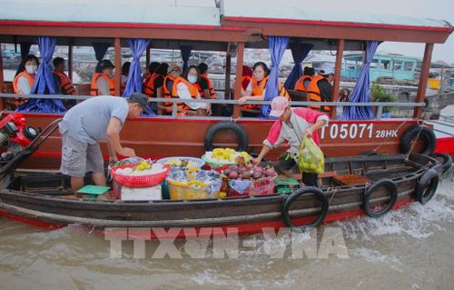 Du khách mua nông sản khi tham quan chợ nổi Cái Răng. Ảnh: Nguyễn Hằng - TTXVN