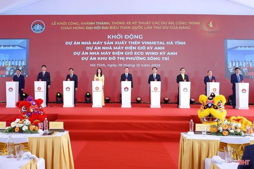 Chủ tịch UBND tỉnh Phan Thiên Định, Phó Chủ tịch Thường trực UBND tỉnh Trần Báu Hà và đại biểu thực hiện nghi thức khởi động các dự án của Tập đoàn Vingroup vào ngày 19/12/2025.