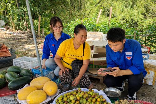 Lực lượng đoàn viên, thanh niên hướng dẫn người dân cài đặt ứng dụng thanh toán không dùng tiền mặt.