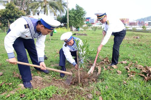 Cán bộ, chiến sĩ Lữ đoàn 161 trồng cây tại đơn vị. Ảnh: TRỌNG HUY