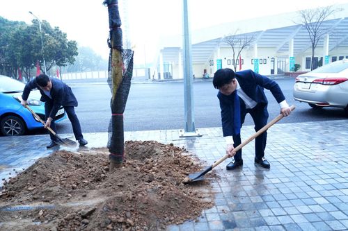 Lãnh đạo xã tham gia trồng cây xanh. Ảnh: Thiên Tú