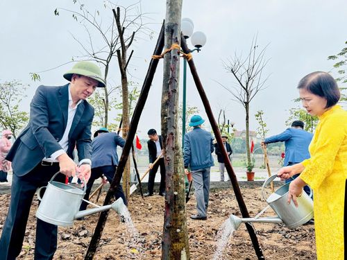 Lãnh đạo xã Nam Phù và nhân dân trồng cây. Ảnh: Phương Xuyến
