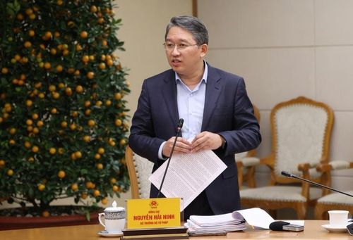 Bộ trưởng Bộ Tư pháp Nguyễn Hải Ninh phát biểu tại cuộc họp. Ảnh: Báo Chính phủ.