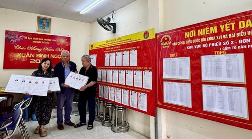Người dân phường Láng tích cực tìm hiểu danh sách niêm yết cử tri tại khu vực bỏ phiếu số 2, thể hiện sự đồng thuận và tin tưởng vào công tác chuẩn bị của cơ quan chức năng.