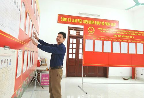 Ông Trương Công Hoan, Tổ trưởng Tổ bầu cử số 9, đơn vị bầu cử số 3 vui mừng cho biết đã hoàn thành công tác trang trí trong và ngoài khu vực bầu cử. Ảnh: Hoàng Quyết