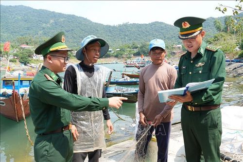 Cán bộ, chiến sĩ Đồn Biên phòng Cù Lao Chàm tuyên truyền bầu cử cho ngư dân. Ảnh: Anh Dũng/TTXVN