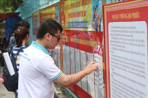 Cử tri là sinh viên Trường Đại học Sư phạm Kỹ thuật, Đại học Đà Nẵng nghiên cứu kỹ tiểu sử, chương trình hành động của các ứng cử viên. Ảnh: Xuân Quý/TTXVN