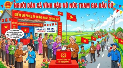 Công an xã Vĩnh Hậu (Cà Mau) thiết kế tranh cổ động phục vụ công tác tuyên truyền bầu cử. 