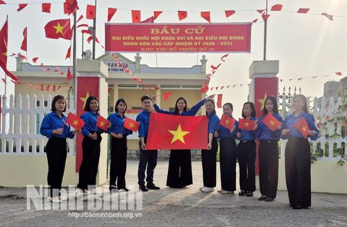 Tuổi trẻ Ninh Bình tham gia treo cờ Tổ quốc, pano, băng rôn tuyên truyền hướng tới ngày bầu cử.