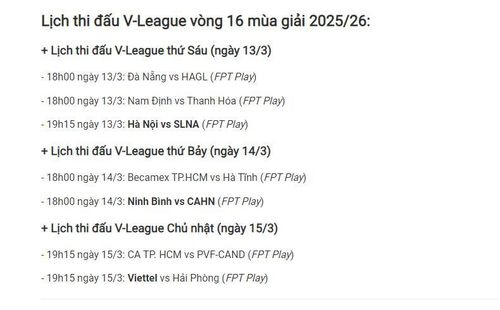 Lịch thi đấu V-League vòng 16.