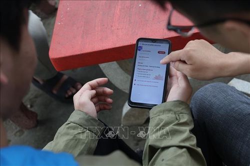 Sinh viên Trường Đại học Bách khoa, Đại học Đà Nẵng hướng dẫn nhau cách thay đổi nơi bỏ phiếu trên app VNeID. Ảnh: Xuân Quý/TTXVN