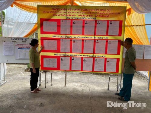 Lãnh đạo ấp kiểm tra lại danh sách các ứng cử viên tại điểm bầu cử.