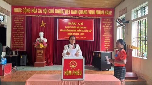 Chị La Thị Nhàn vui mừng khi thực hiện quyền cử tri tại khu vực bỏ phiếu sớm.