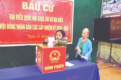 Cử tri bản Co Phạt, xã Môn Sơn (Nghệ An) bỏ phiếu bầu đại biểu Quốc hội khóa XVI và đại biểu Hội đồng nhân dân các cấp nhiệm kỳ 2026-2031. (Ảnh: TTXVN)