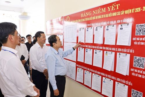 Chủ tịch Quốc hội Trần Thanh Mẫn khảo sát thực tế tại đơn vị bầu cử số 4, khu vực bỏ phiếu số 17 - phường Tân Triều, tỉnh Đồng Nai.