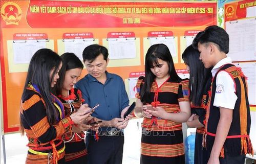 Đồng bào Xơ Đăng (xã Trà Linh, thành phố Đà Nẵng) theo dõi trên điện thoại các video clip, inforgraphic hướng dẫn cách thức đi bỏ phiếu. Ảnh: Trần Tĩnh/TTXVN