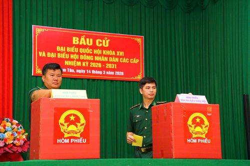 Cán bộ, chiến sĩ tham gia bỏ phiếu tại khu vực bỏ phiếu số 18 tại xã Hàm Tân (Tiểu đoàn Huấn luyện - Cơ động 2)