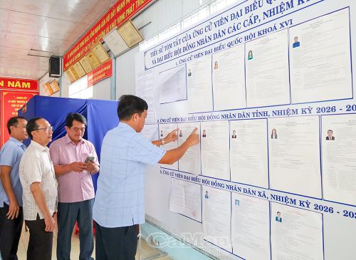 Đoàn công tác kiểm tra việc bố trí niêm yết danh sách cử tri tại điểm bầu cử ở ấp Nhà Lầu 2, xã Ninh Thạnh Lợi.
