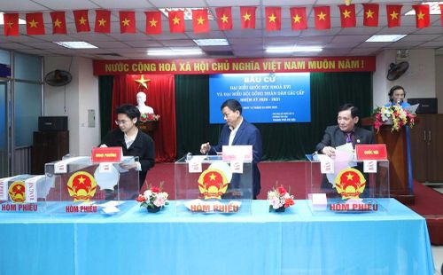 Cử tri trẻ tuổi nhất Đinh Đức Anh (ngoài cùng bên trái) thực hiện bỏ phiếu bầu cử