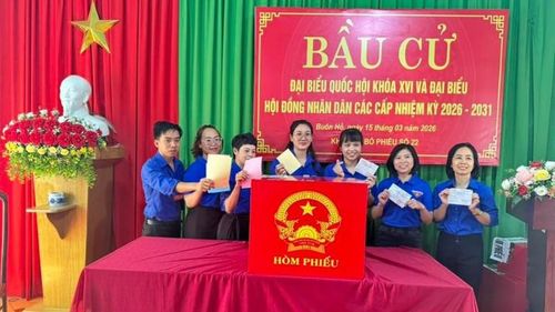 Các cử tri trẻ ở phường Buôn Hồ tham gia bầu cử.