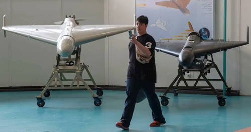 UAV Shahed-131 (màu đen) đứng cạnh UAV Shahed-136 lớn hơn. Ảnh: Shahryar Pasandide