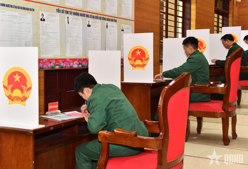  Cử tri thực hiện quyền dân chủ trên phiếu bầu.
