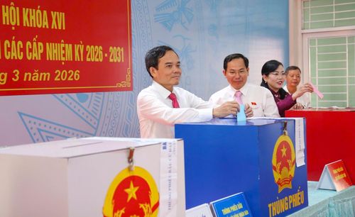 Đồng chí Trần Lưu Quang, Ủy viên Bộ Chính trị, Bí thư Thành ủy TP HCM và đồng chí Lê Quang Mạnh, Ủy viên Trung ương Đảng, Tổng Thư ký Quốc hội, Chủ nhiệm Văn phòng Quốc hội, dự lễ khai mạc và bỏ phiếu bầu tại khu vực bỏ phiếu số 14 (Trường THCS Đỗ Văn Dậy, xã Hóc Môn, TP HCM).