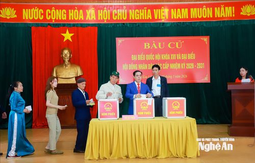Chủ tịch UBND tỉnh Võ Trọng Hải bỏ phiếu bầu cử tại Khu vực bỏ phiếu số 8, xóm Sen 2, xã Kim Liên. Ảnh: Thành Duy