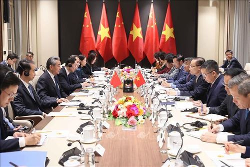 Bộ trưởng Bộ Ngoại giao Lê Hoài Trung trao đổi chiến lược với Bộ trưởng Bộ Ngoại giao Trung Quốc Vương Nghị. Ảnh: An Đăng/TTXVN