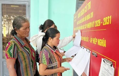 Các cử tri là đồng bào dân tộc thiểu số xem danh sách cử tri tại Khu vực bỏ phiếu số 7 - ấp Hiệp Nghĩa, xã Định Quán.