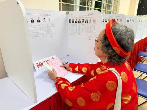 Cử tri Nguyễn Thị Sâm (80 tuổi, Hà Nội) đến khu vực bỏ phiếu số 31 từ rất sớm.