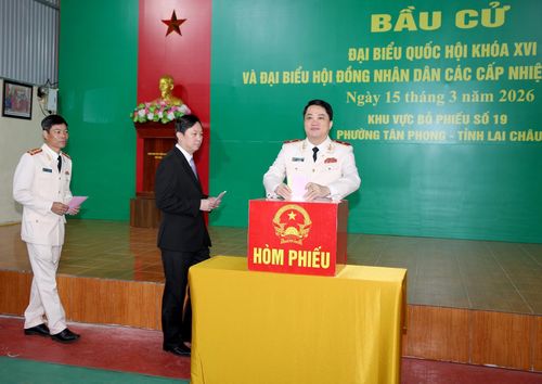 Thiếu tướng Nguyễn Viết Giang - Ủy viên Ban Thường vụ Tỉnh ủy, Giám đốc Công an tỉnh bỏ phiếu bầu đại biểu Quốc hội khóa XVI và đại biểu HĐND các cấp nhiệm kỳ 2026-2031. 