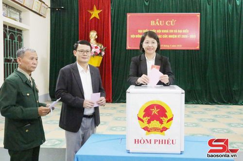 Đồng chí Chủ nhiệm Ủy ban Kiểm tra Tỉnh ủy bỏ phiếu tại khu vực bỏ phiếu số 3 (tiểu khu 3), xã Mường La.
