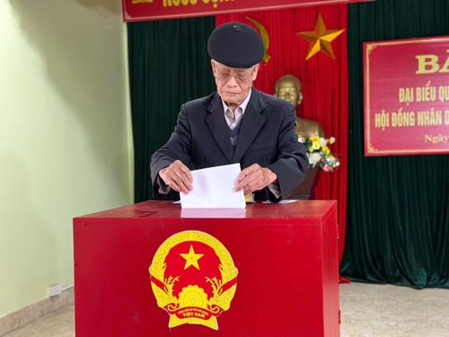 Cử tri cao tuổi tham gia bỏ phiếu tại Khu vực bỏ phiếu số 42, xã Nho Quan. Ảnh: Trọng Hiếu