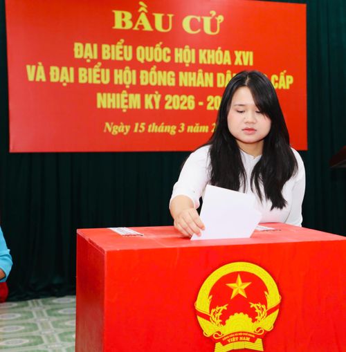 Cử tri Nguyễn Thị Thanh Tâm, phố Trung Thành, phường Hoa Lư (18 tuổi) lần đầu tham gia bỏ phiếu. Ảnh: Trọng Hiếu
